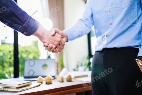 Preview: Real estate agent handshake, deal business. Business partnership meeting and home insurance