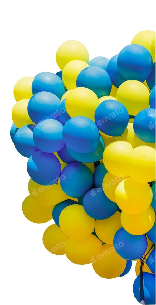 Preview: Yellow and blue balloons. Big bunch of balls. Balloon background with place for text.