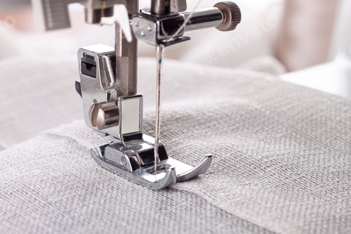 Preview: Modern Sewing Machine Presser Foot With Linen Fabric And Thread, Closeup
