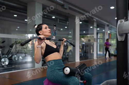 Preview: Muscular female athlete performing lat pull down exercise, targeting back muscles during intense