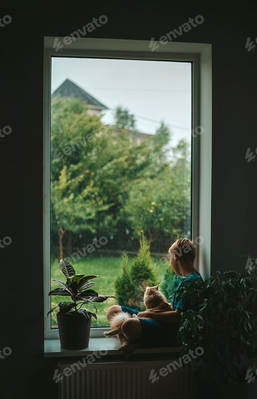 Preview: the boy sits near the window and looks at the rain