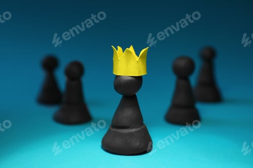 Preview: Black plasticine chess pieces and one with paper crown on light blue background