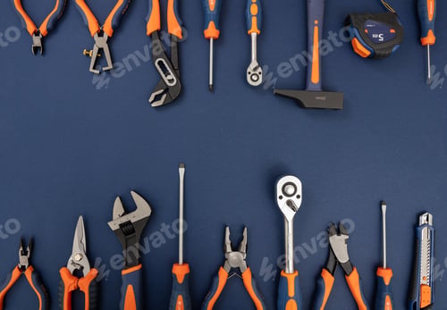 Preview: Work tool on blue background. Hand tool new set for repair and construction, overhead