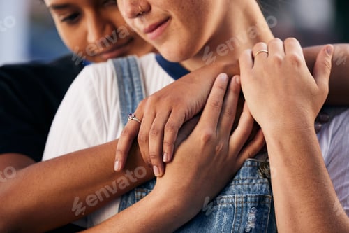 Preview: Hands, love and lgbt with a woman couple hugging outdoor for romance, dating or non binary affectio