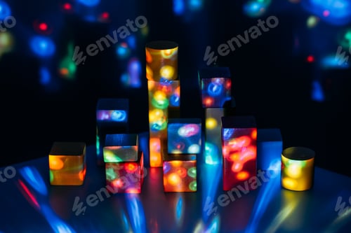 Preview: Metaverse, future, digital technology concept. Wooden constructor blocks on abstract multicolored