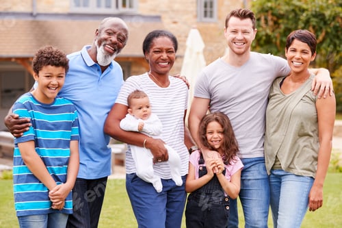 Preview: Portrait Of Smiling Multi-Generation Mixed Race Family In Garden At Home