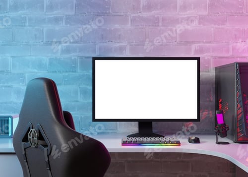 Preview: Monitor with blank white screen. Gaming at home. Computer mock up.