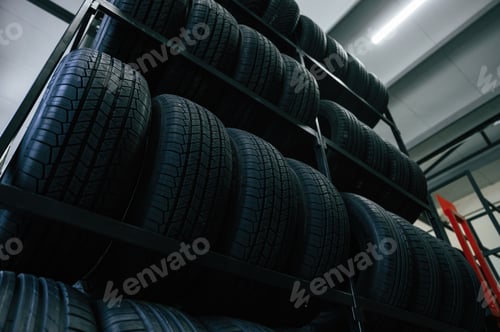 Preview: On the shelves. New tires are placed on the storage rack in the car workshop