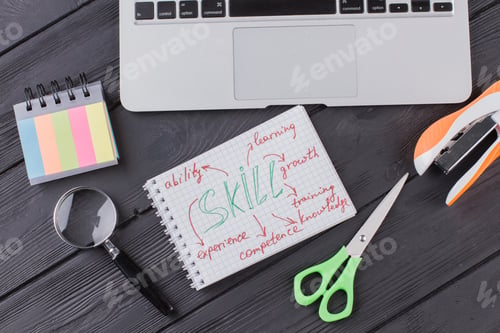 Preview: Skills concept and stationery accessories flat lay.