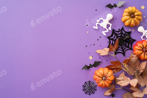 Preview: Halloween-themed decorations featuring pumpkins, skeletons, bats