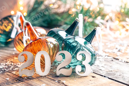 Preview: Christmas background with numbers 2023 and glass balls for the Christmas tree.