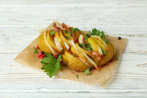 Preview: Tasty baked potato on white wooden table
