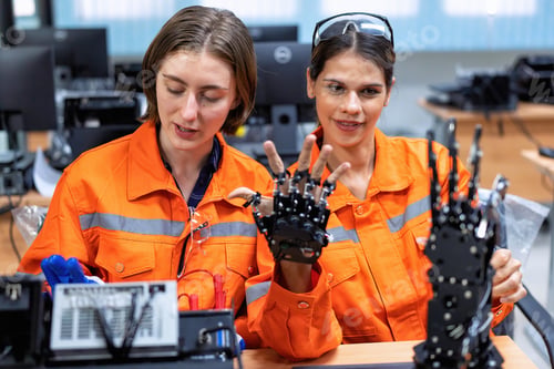 Preview: Girl engineer in robot industry fabrication research room simulate testing robot arm on operation