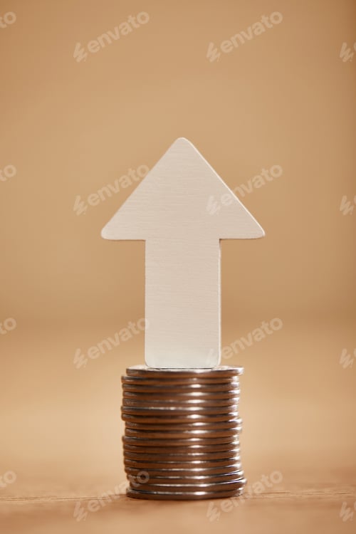 Preview: stack of coins with white arrow upwards, financial growth concept