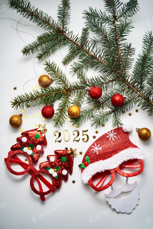 Preview: Abstract background of Christmas attributes with the year number 2025.