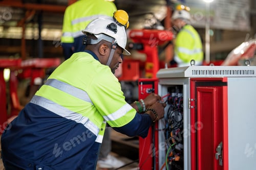 Preview: Electrician at robot factory measurement with multimeter testing current electric in control panel.