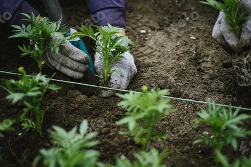 Preview: Gardener's male hands are transplanting flower seedlings into even rows