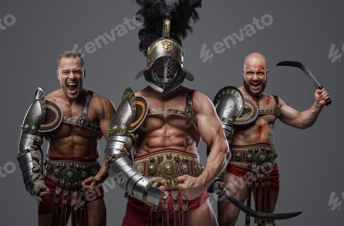 Preview: Ancient mad gladiators with armor against grey background