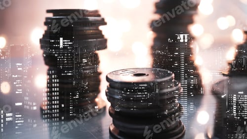 Preview: Double Exposure Of City View And Rows Of Coins For Finance , Money , Investment And Business