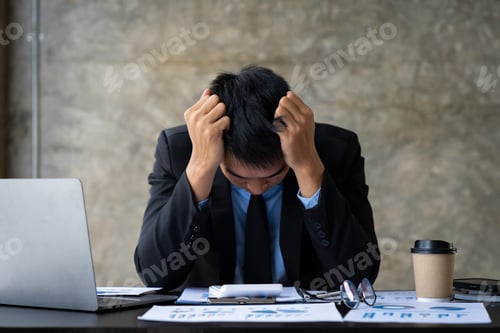 Preview: man in shock on the background of a laptop. This man has received bad news. Ruin of the entrepreneur