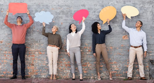 Preview: Speech bubble, feedback and question with business people and mockup for social media, vote and rev