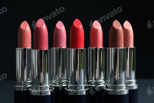 Preview: Different lipsticks on table against dark background
