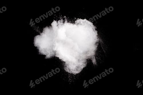 Preview: White powder explosion isolated on black background.White dust particles splash.