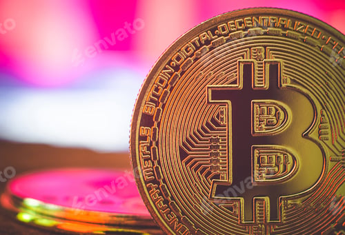 Preview: World cryptocurrency. Bitcoin coin closeup, copy space. The financial system of the future