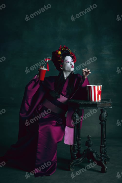 Preview: Young japanese woman as geisha on dark green background. Retro style, comparison of eras concept