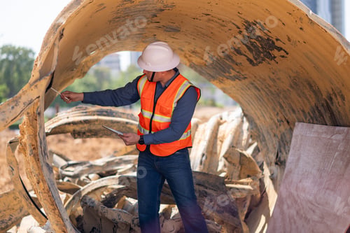 Preview: Engineer worker operations construction plans large black drainage pipe