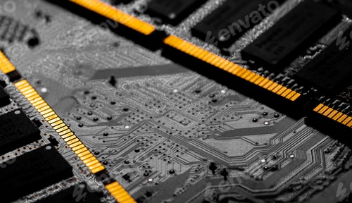 Preview: Macro Close up of computer RAM chip and motherboard