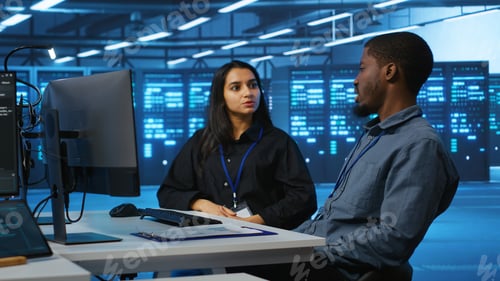 Preview: Coworkers discussing how to mend server racks doing computational operations