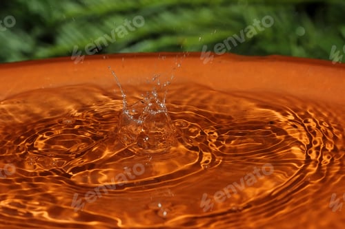 Preview: Abstract Water Background - Photograph Of A Rainwater Droplet In A Large Clay Bird Bath, With Space