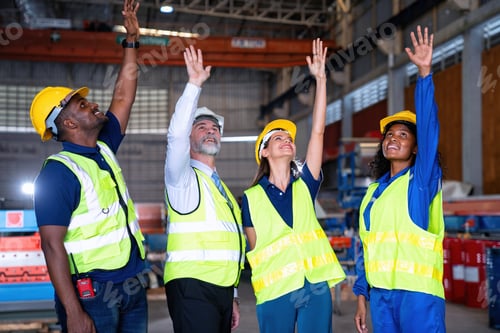 Preview: Confident Manager visit engineer teamwork at manufacture factory gathering hands portrait together