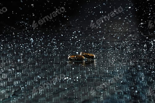 Preview: Wedding rings and water. blue background, golden. Gold wedding rings on glass background