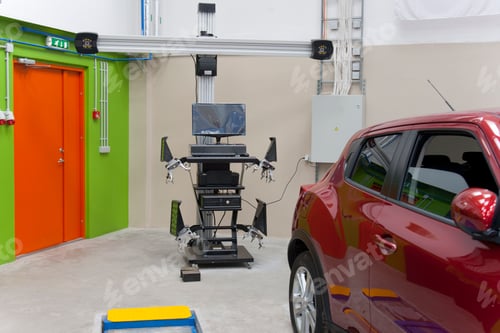 Preview: Car in a workshop and a computer running diagnostics on the engine.
