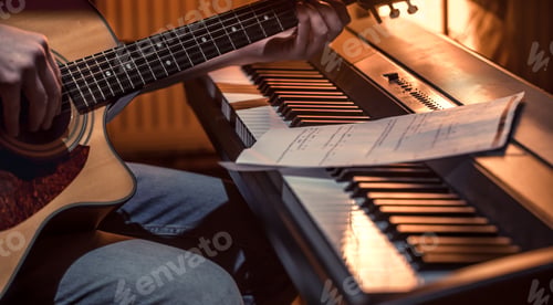 Preview: man playing acoustic guitar and piano close-up, recording notes