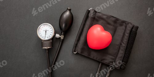 Preview: Medical sphygmomanometer on black background, closeup view.