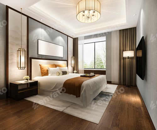 Preview: 3d rendering beautiful luxury bedroom suite in hotel with tv