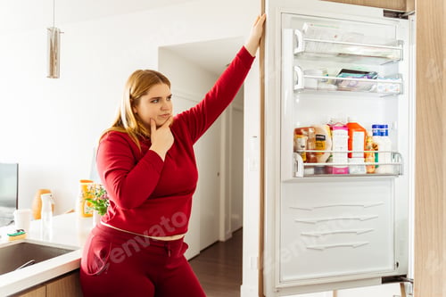 Preview: Pensive, attractive Caucasian plus size woman opened refrigerator, choosing food in kitchen