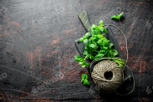 Preview: Mint on a cutting Board with old twine.