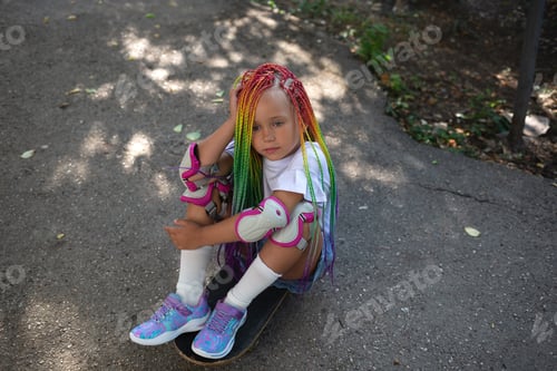 Preview: little cute girl with colorful afro pigtails sits on a skateboard