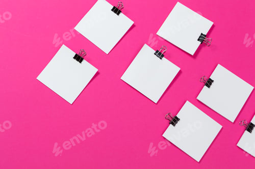 Preview: mock up concept. cards Papers on pink background. Top view, flat lay, copy space