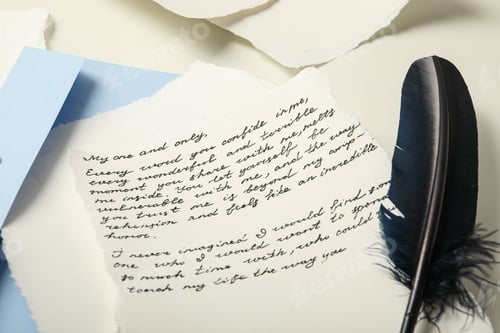 Preview: Paper, letter with text and bird feather on white background, close up