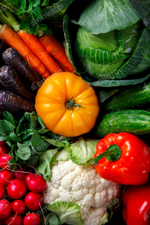 Preview: Big Basket with different Fresh Farm Vegetables. Harvest. Food or Healthy diet
