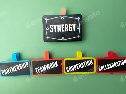 Preview: Synergy flow chart made of stickers showing words partnership, teamwork, collaboration, cooperation