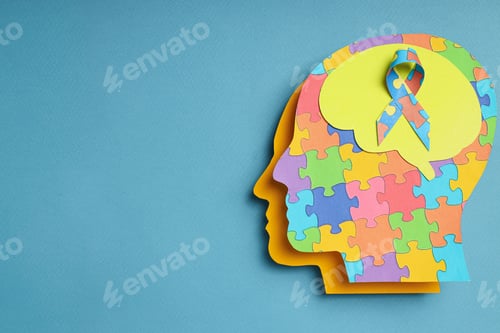 Preview: Paper human heads with colorful puzzle pieces on a light background, place for text