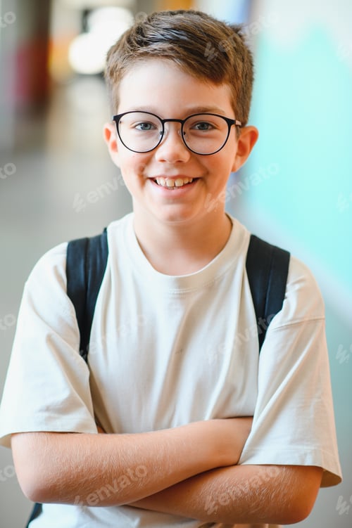 Preview: Smiling student wearing glasses and backpack at school