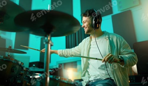Preview: Music, drums and band with a man musician in a studio for a recording, performance or practice. Art