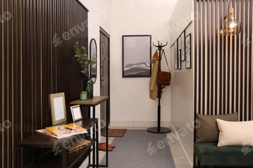 Preview: Modern hallway interior with stylish furniture and paintings